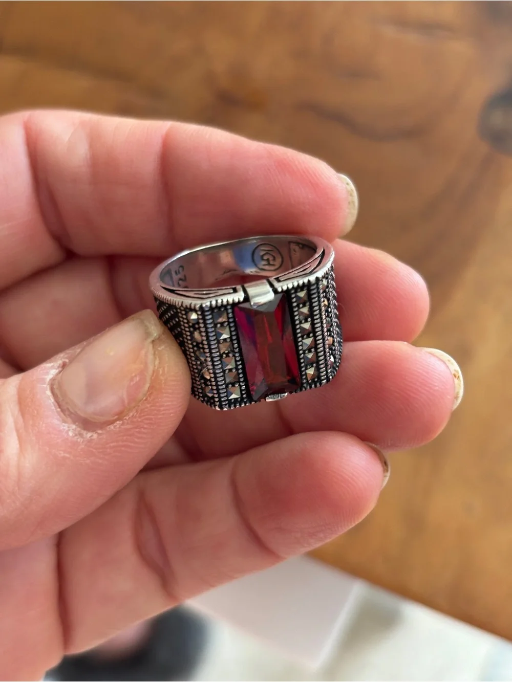 Men's Silver Ring with Rectangular Garnet and marchasite details sz 9